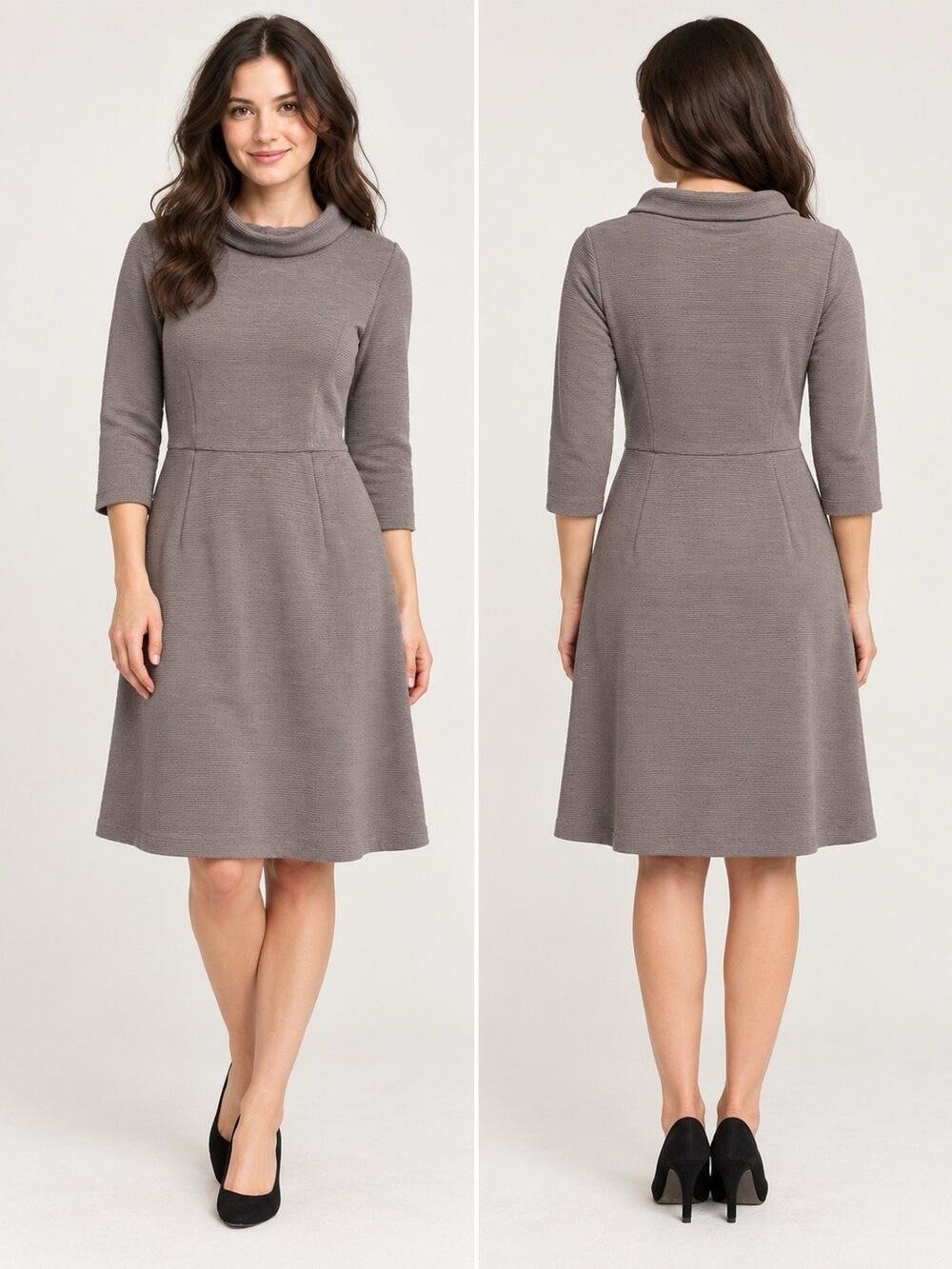 Boden Zoe Dress Womens 6R Gray Ribbed Ponte Knit Cowl Neck 3/4 Sleeve
